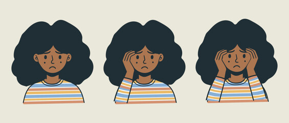 set of young black african skin women girl different emotion cartoon flat vector character long curly hair two hand on face sad wow surprise expression depressed emotion avatar icon portrait profile