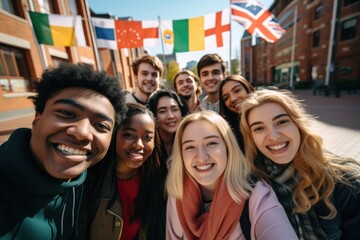 Wall Mural - Diverse high school students taking selfie on campus