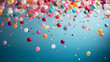 Blue background with colorful balloons and confetti