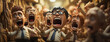 Protest of people, People raising hands and shouting for their needs in a picket, 3d characters open mouth and big eyes  