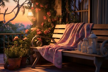 Wall Mural - A weathered wooden bench on a front porch, draped with a cozy blanket and surrounded by potted plants, bathed in the soft glow of twilight