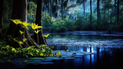 Wall Mural - A forest with a pond and lily pads in the water, AI