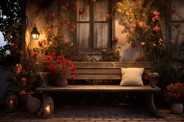 Wall Mural - A weathered wooden bench on a front porch, adorned with hand-knit cushions and surrounded by potted herbs, bathed in the soft glow of dusk