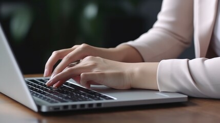 Poster - A woman is seen typing on a laptop computer. This image can be used to depict various scenarios involving technology, work, communication, or education