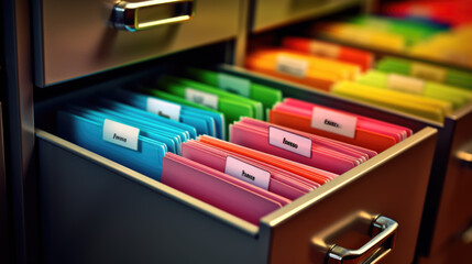 Wall Mural - Close-up of a person in a business suit searching through open file drawers full of documents.