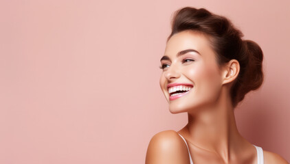 Wall Mural - Girl with beautiful skin and Hollywood smile laughing on pink background, banner with space for your text