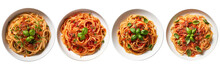 Set Of Pasta Spaghetti On Transparent Background. Noodles With Spicy Sauce In Plate Isolated On White Background. Classic Italian Cuisine Dish. Generative AI