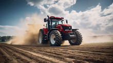 Tractor Plowing A Field, With Dust Being Kicked Up By The Tires