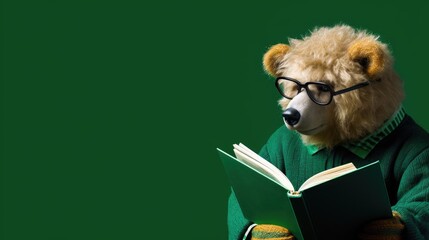 Wall Mural - Toy soft bear with glasses reads a book on an green background with space for text