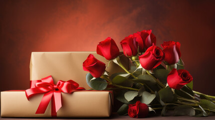 Canvas Print - Bouquet of red roses lying next to a gift wrapped in paper