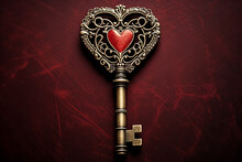 Vintage Bronze Key On Velvet With A Heart. Valentine's Card.