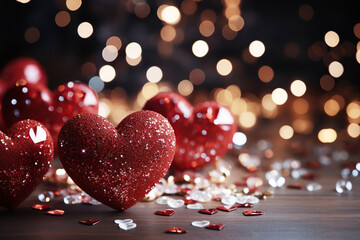 Sticker - red voluminous hearts on festive background with glitter for a holiday card for the celebration of Valentine's day