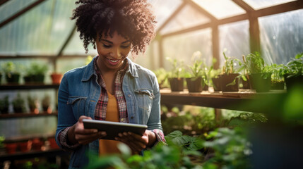 Poster - Female farmer stands and holds tablet in her hands in greenhouse