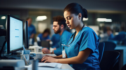 Canvas Print - Healthcare worker in blue scrubs writing on a medical chart, indicating a busy hospital or clinic setting.