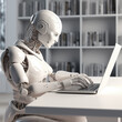 A humanoid robot works on a laptop, using ai, showcasing the utility of automation in repetitive and tedious tasks.