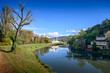 Riverbank of Spa Island with trees and buldings in Piestany (Slovakia)