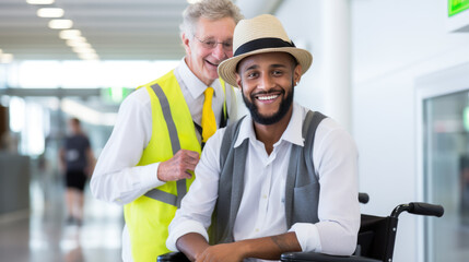 Airport staff member in a safety vest smiling and providing assistance to a man in a wheelchair