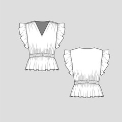 Fashion Ruffles Top v neck waist elastic gatherings ruffles sleeve shoulder gatherings detail clothing fashion flat sketch technical drawing template design vector