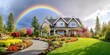 An expensive residential property in a suburban village with a modern cottage, a lush landscape, and a vibrant rainbow in the sky.