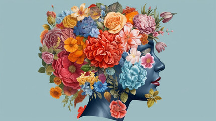 Female human head with blooming floral brain, mental health, positive thinking, creative mind. Generative AI