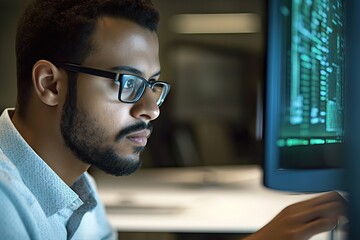 attentive smart busy business man software developer engineer programmer wearing glasses with reflec