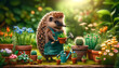 Hedgehog with shovel among plants