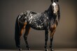 Elegant Appaloosa horse with contrasting spotted coat on a black background. A strong stance and an attentive gaze. Concept: the power of this majestic animal
