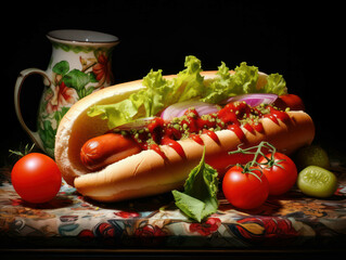 Wall Mural - Ketchup lunch food background snack hotdog mustard unhealthy meat bread bun hot sausage