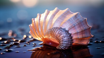 Poster - A close up of a shell on the ground with water, AI