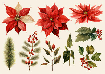 Wall Mural - Floral tree background leaf christmas holiday winter celebration flower holly decorative red