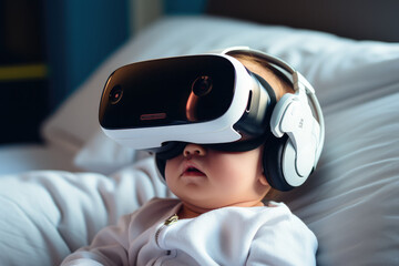 Aufkleber - A newborn baby wearing VR goggles. Generative AI.
