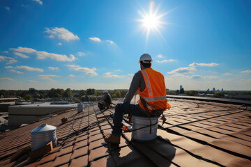 Poster - Construction worker working on top roof. Generative AI.