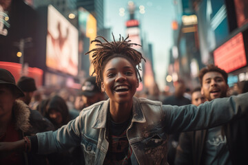 Poster - People celebrating soccer in front of Times Square New York. Generative AI.