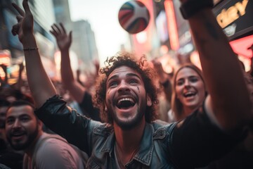 Poster - People celebrating soccer in front of Times Square New York. Generative AI.