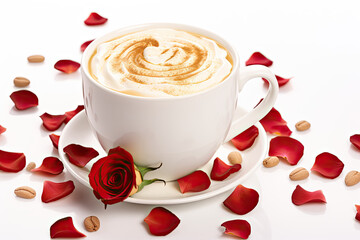 Wall Mural - Valentine cup of latte with heart latte art with red rose petals 