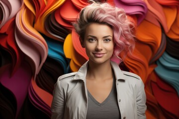 Wall Mural - An exuberant portrait of a fashion-forward woman with a bright pink mane, beaming with confidence and style, captured in a stunning painting