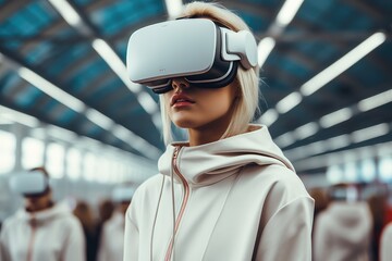 Aufkleber - A fashion influencer wear a virtual reality within a transport hub. Generative AI.