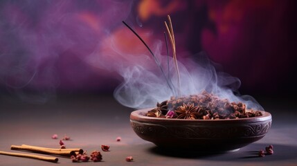 Sticker - A bowl filled with incense sticks and smoke rising from it, AI