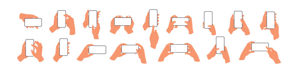 Mobile phones mockups, smartphone screens in hands set. Holding blank display, cellphones. Flat vector illustrations