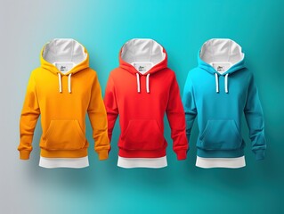 Wall Mural - Banner image for a collection of crisp, clean, minimalist, sporty and blank hoodies with sleeves. Sweatshirt with string in front, vivid colors for artwork graphic design. Mockups advertising