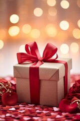 A close-up of a luxurious Valentine's Day gift box with elegant red ribbon on a soft, romantic background