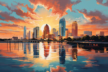 Stylized Skyline Of Tampa With A Vibrant Sunset Reflection On Water