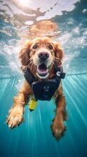 Smiling Rescue Dog Swimming Underwater In Special Suit, Portrait With Bright Expression Of Dog's Face, Joyful Pet, Rescue People In Water Vertical Banner