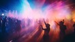 © stateronz - People at a concert in smoke raising their hands. Blurred background and movements. Energetic music party. Live music and fun. Concept of celebration, lively crowd, madness. Horizontal banner