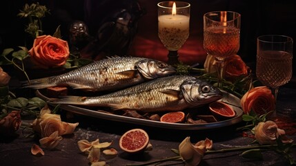 Wall Mural - Romantic valentine day anniversary love dinner with fish dish food wallpaper background