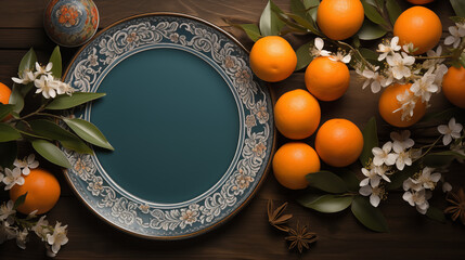 Wall Mural - Background for Lunar New Year or Chinese New Year with flowering branch and tangerines. Copy space.