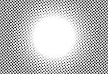 Halftone Dot Radial Background In Cartoon Pop Art And Manga Style. Abstract Comic Book Backdrop. Gradient Faded Dots. Flat Lay With Black Dots Gradient Effect.