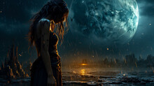 Profile portrait of a girl in the rain against the backdrop of a supermoon and a destroyed city, copied space for the concept of the destruction of life in depressive disorders