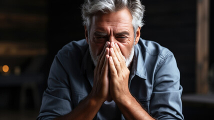 Sad adult gray-haired man holds his hands on his nose, attack of allergy or rhinitis, unexpected attack of pain, concept of health care and life insurance