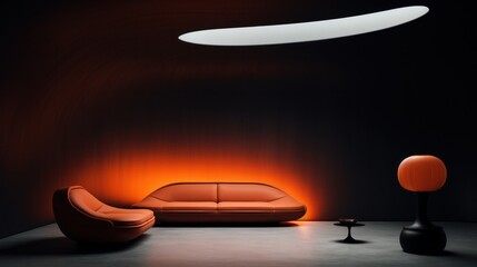 Canvas Print - A room with orange lighting and a couch, table lamp and chair, AI